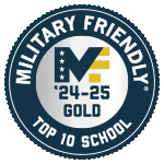 Image of a badge that reads "Miltary Friendly 24-25 Gold: Top 10 School."