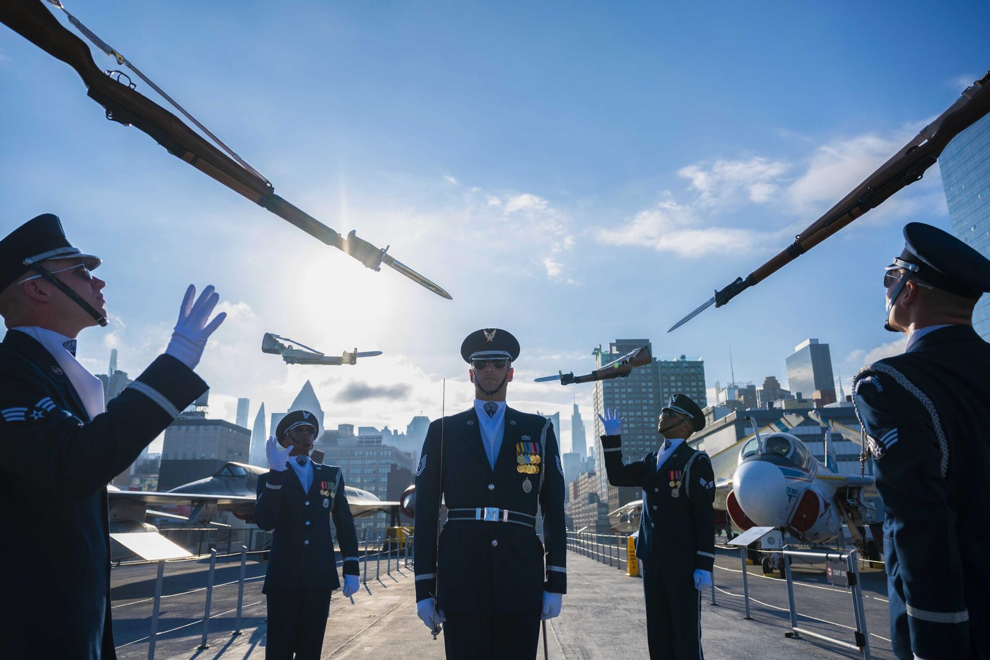 The United States Air Force Honor Guard performs their four-man demonstration on the deck of the Intrepid Sea, Air and Space Museum in New York City, New York, Sept. 18, 2021. The Honor Guard performed the day prior in Times Square, New York City, New York and then live at the Intrepid Sea, Air & Space Museum for the Fox and Friends morning show in commemoration of the Air Force’s 74th Birthday. (U.S. Air Force Photo by Staff Sgt. Kevin Tanenbaum